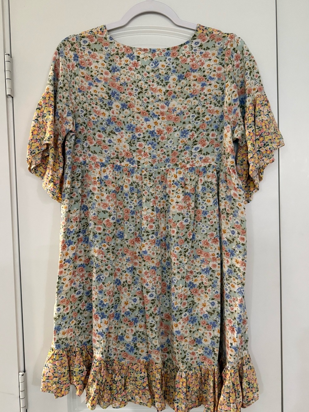 Umgee Floral Ruffle Tunic Dress in Yellow, Blue, Green - Picture 2 of 4